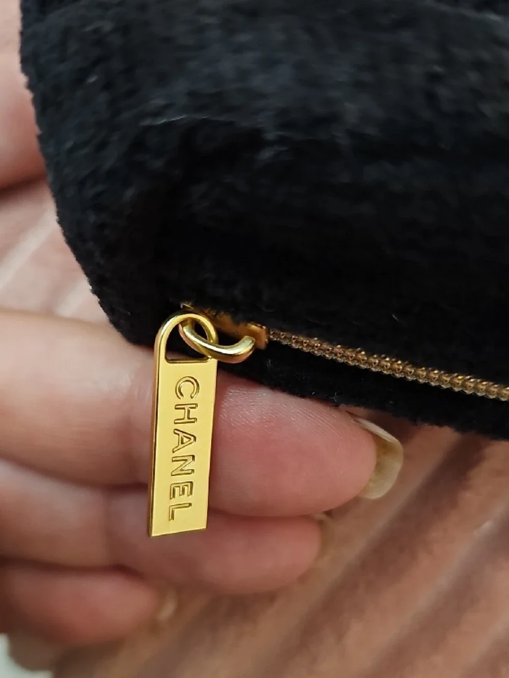 CHANEL Black Velvet Pouch with Gold Zipper Tag